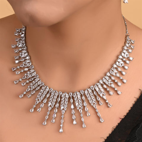 Silver Rose Gold Plated White American Diamond CZ Wedding Necklace Set With Earring
