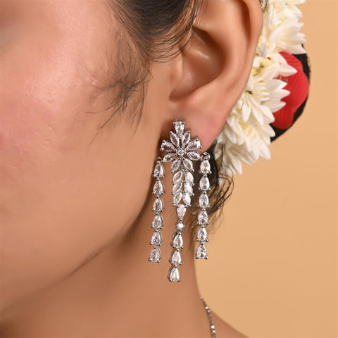 Silver Rose Gold Plated White American Diamond CZ Wedding Necklace Set With Earring