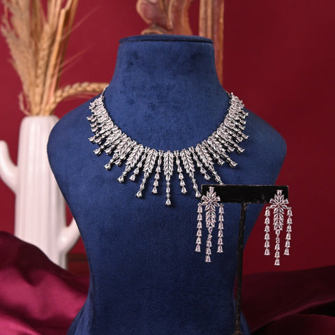 Silver Rose Gold Plated White American Diamond CZ Wedding Necklace Set With Earring