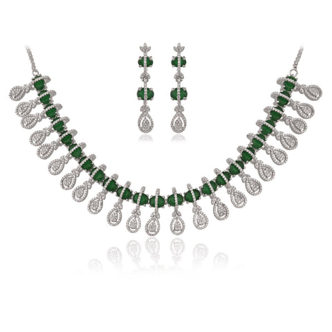 Silver Rose Plated Green Red White American Diamond CZ Wedding Necklace Set With Earring
