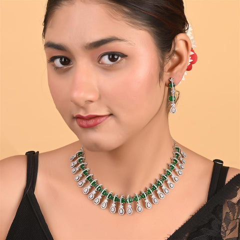 Silver Rose Plated Green Red White American Diamond CZ Wedding Necklace Set With Earring