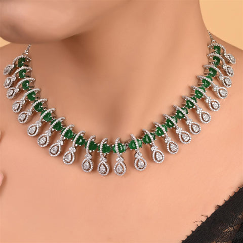 Silver Rose Plated Green Red White American Diamond CZ Wedding Necklace Set With Earring
