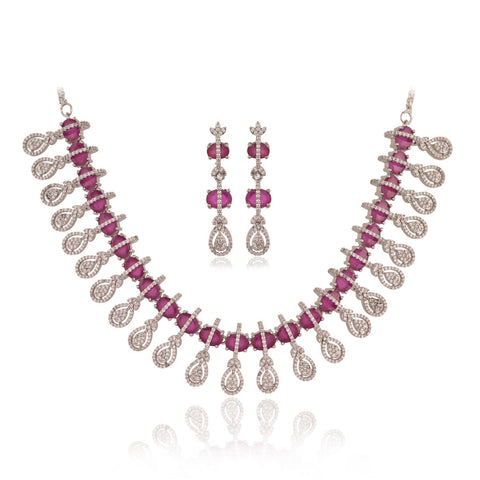 Silver Rose Plated Green Red White American Diamond CZ Wedding Necklace Set With Earring