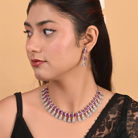 Silver Rose Plated Green Red White American Diamond CZ Wedding Necklace Set With Earring