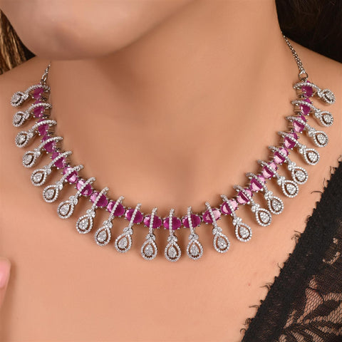Silver Rose Plated Green Red White American Diamond CZ Wedding Necklace Set With Earring