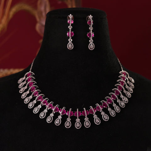 Silver Rose Plated Green Red White American Diamond CZ Wedding Necklace Set With Earring
