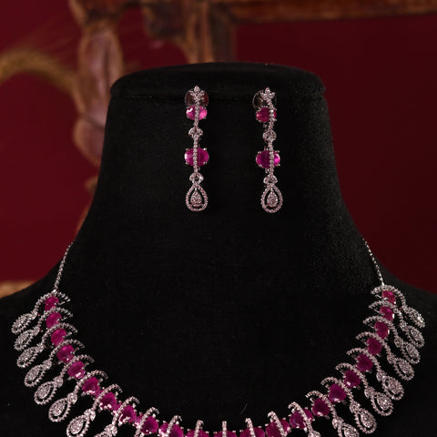Silver Rose Plated Green Red White American Diamond CZ Wedding Necklace Set With Earring