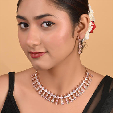 Silver Rose Plated Green Red White American Diamond CZ Wedding Necklace Set With Earring
