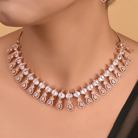 Silver Rose Plated Green Red White American Diamond CZ Wedding Necklace Set With Earring
