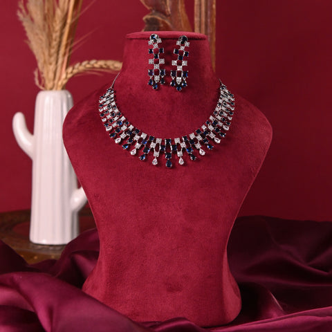 Silver Plated Blue American Diamond CZ Wedding Necklace Set With Earring