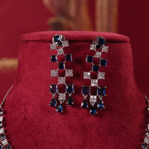 Silver Plated Blue American Diamond CZ Wedding Necklace Set With Earring