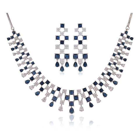 Silver Plated Blue American Diamond CZ Wedding Necklace Set With Earring
