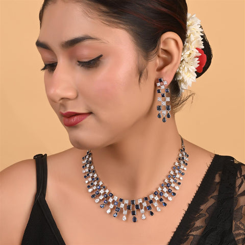Silver Plated Blue American Diamond CZ Wedding Necklace Set With Earring
