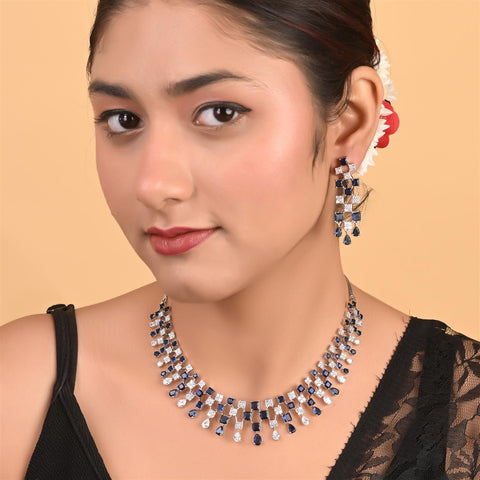 Silver Plated Blue American Diamond CZ Wedding Necklace Set With Earring