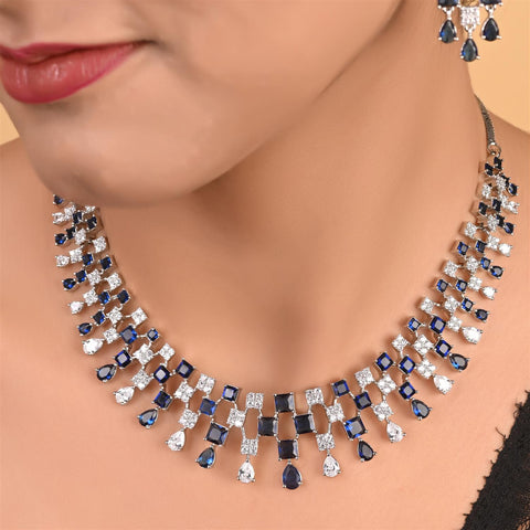 Silver Plated Blue American Diamond CZ Wedding Necklace Set With Earring