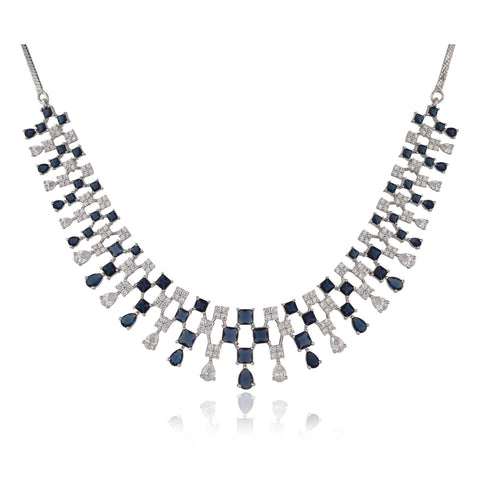 Silver Plated Blue American Diamond CZ Wedding Necklace Set With Earring