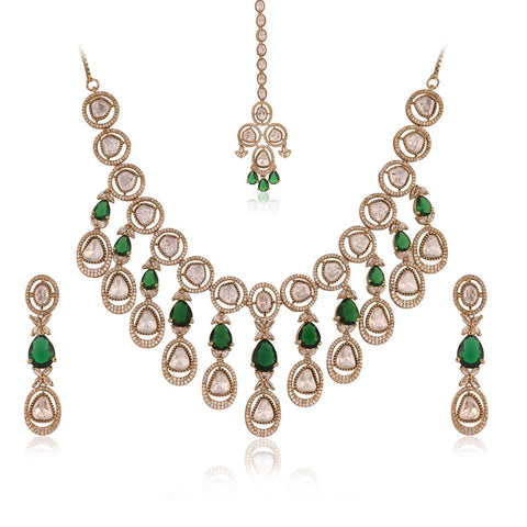 Antique Mehendi Plated Kundan Green CZ Statement Wedding Necklace Set With Earring & Mang Tika