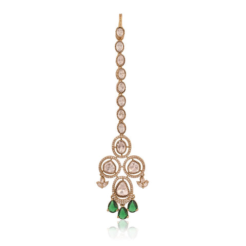 Antique Mehendi Plated Kundan Green CZ Statement Wedding Necklace Set With Earring & Mang Tika