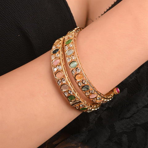 Kundan Diamond CZ Multi Gold Finish Openable Kada Bangles