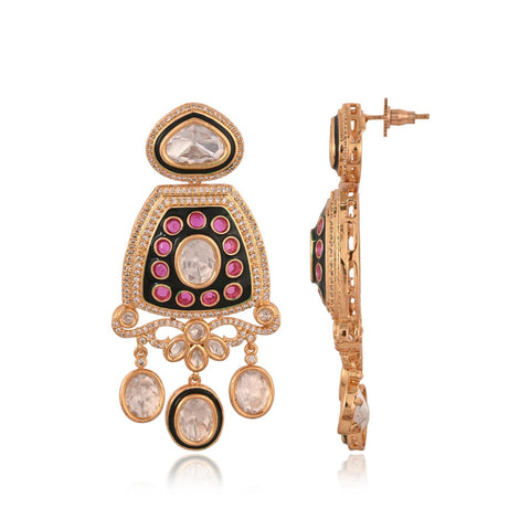Gold Plated Kundan Green CZ Triple Later Wedding Necklace Set With Earring & Mang Tika