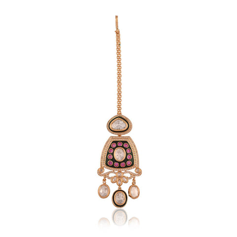 Gold Plated Kundan Green CZ Triple Later Wedding Necklace Set With Earring & Mang Tika