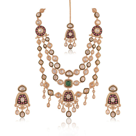 Gold Plated Kundan Green CZ Triple Later Wedding Necklace Set With Earring & Mang Tika