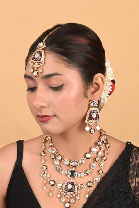 Gold Plated Kundan Green CZ Triple Later Wedding Necklace Set With Earring & Mang Tika