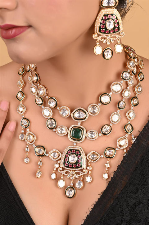 Gold Plated Kundan Green CZ Triple Later Wedding Necklace Set With Earring & Mang Tika