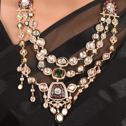 Gold Plated Kundan Green CZ Triple Later Wedding Necklace Set With Earring & Mang Tika