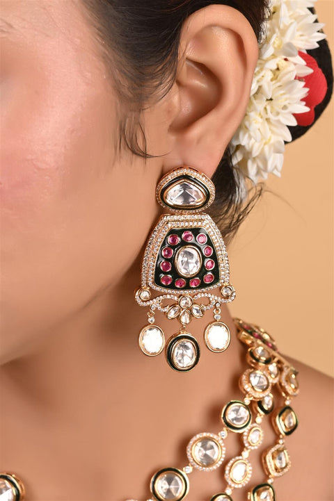 Gold Plated Kundan Green CZ Triple Later Wedding Necklace Set With Earring & Mang Tika