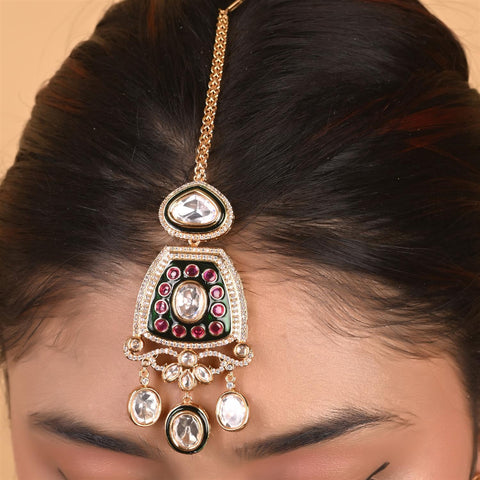 Gold Plated Kundan Green CZ Triple Later Wedding Necklace Set With Earring & Mang Tika