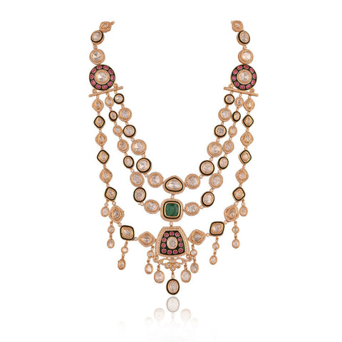 Gold Plated Kundan Green CZ Triple Later Wedding Necklace Set With Earring & Mang Tika