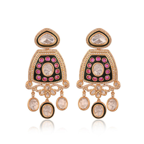 Gold Plated Kundan Green CZ Triple Later Wedding Necklace Set With Earring & Mang Tika