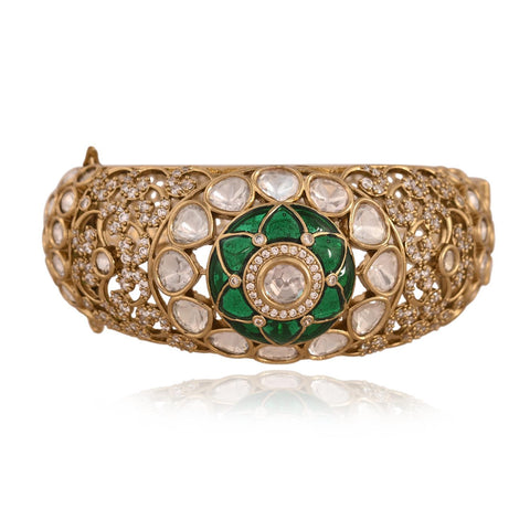 Kundan Diamond Matt Gold  CZ Green Red Enamel Round Openable Kada Bracelet