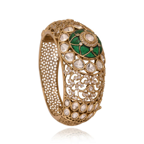 Kundan Diamond Matt Gold  CZ Green Red Enamel Round Openable Kada Bracelet