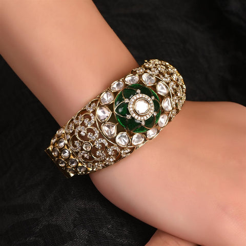 Kundan Diamond Matt Gold  CZ Green Red Enamel Round Openable Kada Bracelet