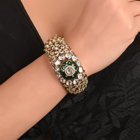 Kundan Diamond Matt Gold  CZ Green Red Enamel Round Openable Kada Bracelet