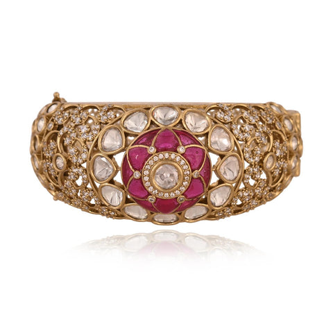 Kundan Diamond Matt Gold  CZ Green Red Enamel Round Openable Kada Bracelet