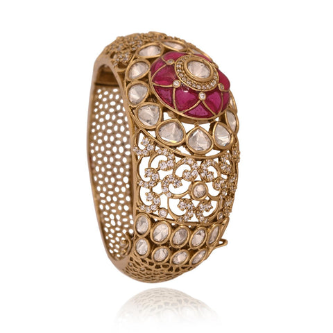 Kundan Diamond Matt Gold  CZ Green Red Enamel Round Openable Kada Bracelet