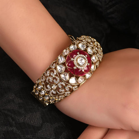 Kundan Diamond Matt Gold  CZ Green Red Enamel Round Openable Kada Bracelet