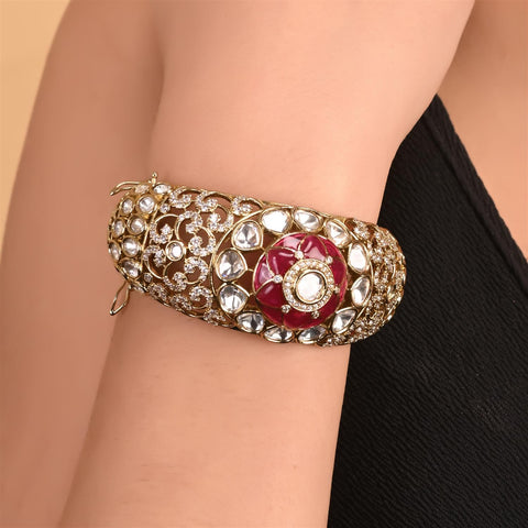 Kundan Diamond Matt Gold  CZ Green Red Enamel Round Openable Kada Bracelet