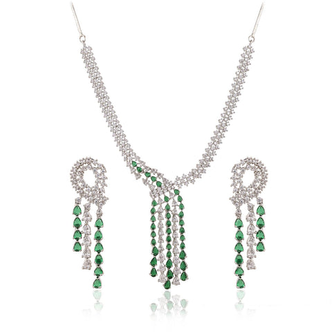 Silver Plated White American Diamond CZ Wedding Necklace Set With Earring