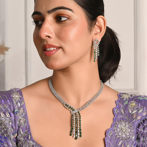 Silver Plated White American Diamond CZ Wedding Necklace Set With Earring