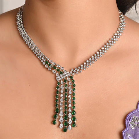 Silver Plated White American Diamond CZ Wedding Necklace Set With Earring