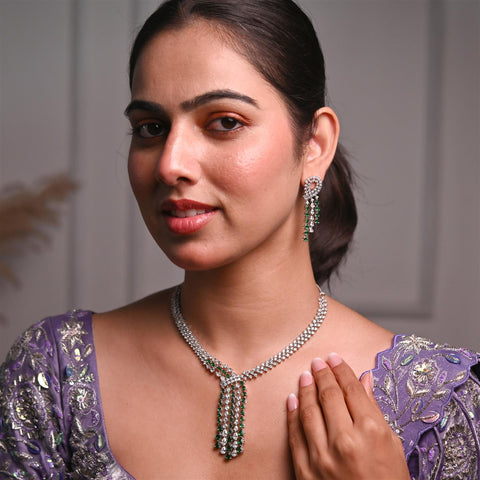 Silver Plated White American Diamond CZ Wedding Necklace Set With Earring