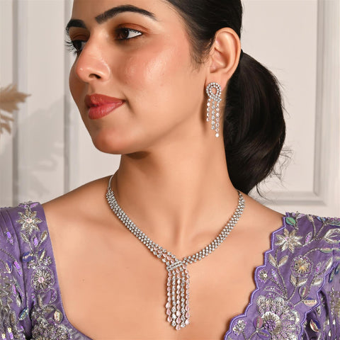 Silver Plated White American Diamond CZ Wedding Necklace Set With Earring