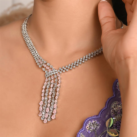 Silver Plated White American Diamond CZ Wedding Necklace Set With Earring