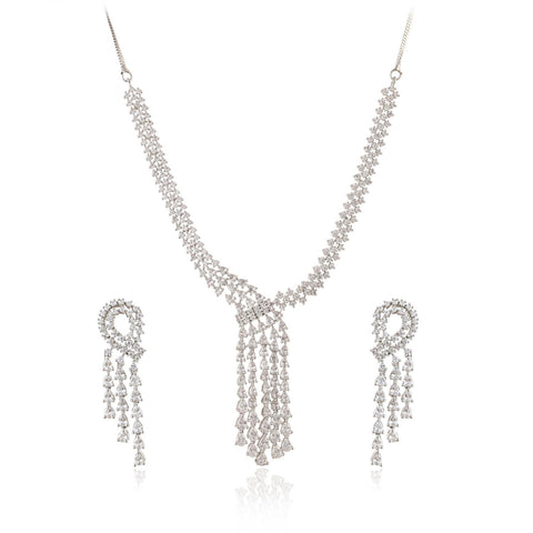 Silver Plated White American Diamond CZ Wedding Necklace Set With Earring