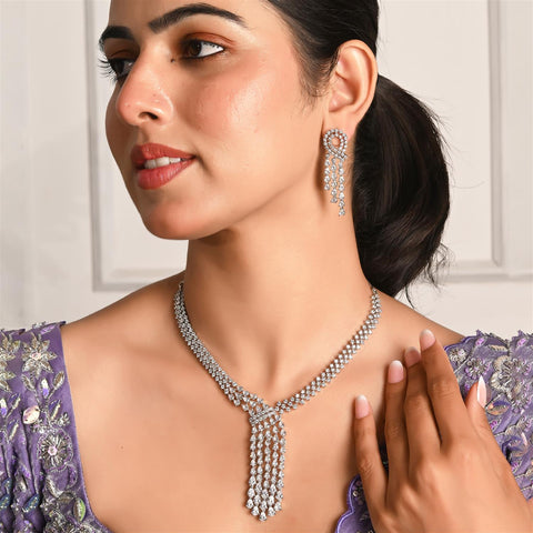 Silver Plated White American Diamond CZ Wedding Necklace Set With Earring