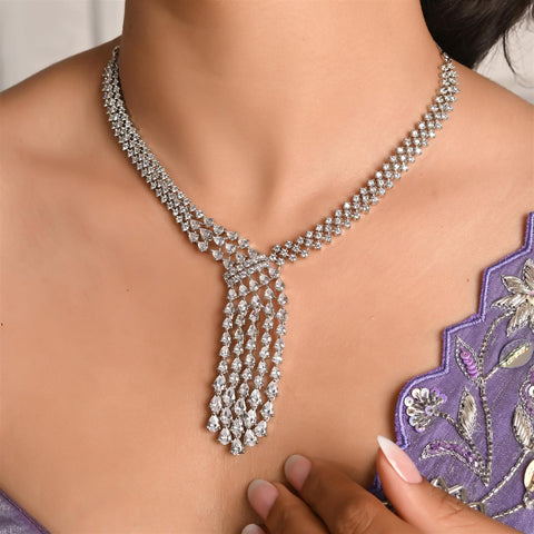 Silver Plated White American Diamond CZ Wedding Necklace Set With Earring
